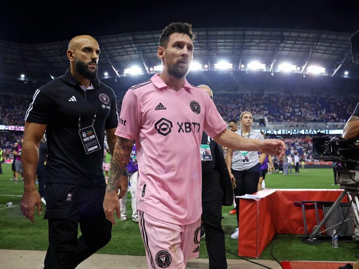 Aug 26, 2023; Harrison, New Jersey, USA; Inter Miami CF forward Lionel Messi (10) walks off the field after their win against the New York Red Bulls at Red Bull Arena. Mandatory Credit: Vincent Carchietta-USA TODAY Sports