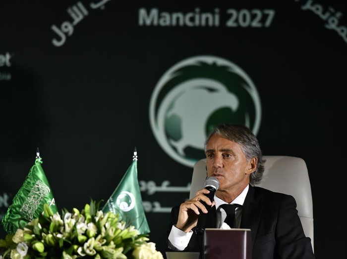 Roberto Mancini speaks during a press conference in Riyadh, Saudi Arabia, Monday, Aug. 28, 2023. Mancini was appointed coach of the Saudi Arabia national team on Sunday, just two weeks after the European Championship-winning manager surprisingly left his job in charge of Italy. (AP Photo)