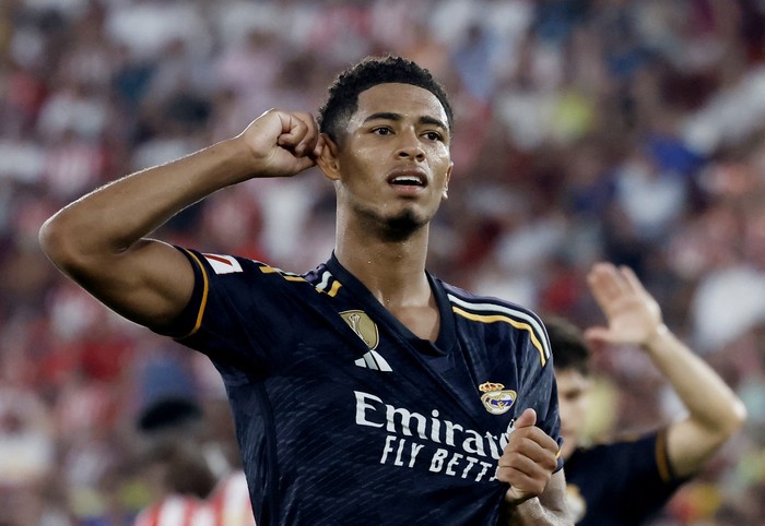 Soccer Football - LaLiga - Almeria v Real Madrid - Estadio de los Juegos Mediterraneos, Almeria, Spain - August 19, 2023 Real Madrids Jude Bellingham celebrates scoring their second goal REUTERS/Jon Nazca