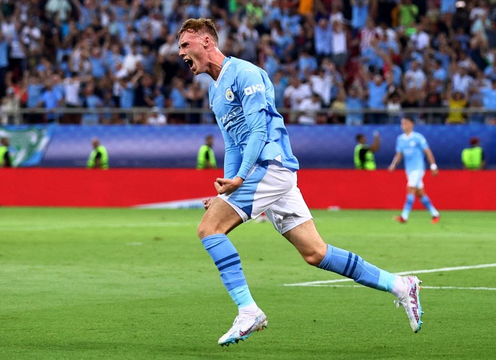Soccer Football - UEFA Super Cup - Manchester City v Sevilla - Georgios Karaiskakis Stadium, Athens, Greece - August 16, 2023 Manchester Citys Cole Palmer celebrates scoring their first goal REUTERS/Stoyan Nenov     TPX IMAGES OF THE DAY