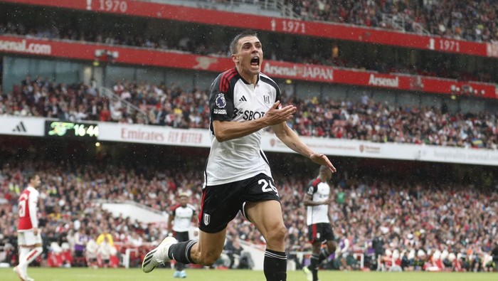 Soccer Football - Premier League - Arsenal v Fulham - Emirates Stadium, London, Britain - August 26, 2023 Fulhams Joao Palhinha celebrates scoring their second goal Action Images via Reuters/Matthew Childs EDITORIAL USE ONLY. No use with unauthorized audio, video, data, fixture lists, club/league logos or live services. Online in-match use limited to 75 images, no video emulation. No use in betting, games or single club /league/player publications.  Please contact your account representative for further details.