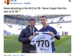 Messi dicap nge-ghosting, padahal cuma main di MLS. Ronaldo pun dibawa-bawa: semasa CR7 masih seusia Messi, prestasi masih ia torehkan di Eropa. Foto: dok. Internet/X (Twitter)