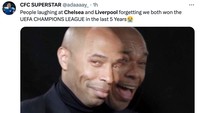 Begini nih kira-kira reaksi fans Chelsea dan Liverpool saat diledek soal absen di Liga Champions. Tertawakan saja. (Foto: Twitter @adaaaay_)
