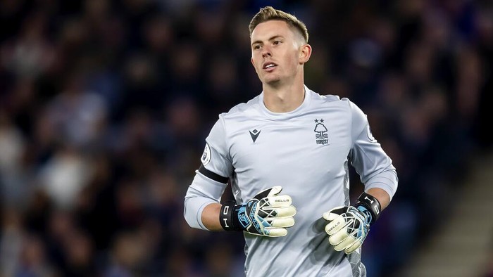 Nottingham Forests Dean Henderson during the Premier League soccer match between Leicester City and Nottingham Forest at the King Power Stadium in Leicester, England, Monday, Oct. 03, 2022. (AP Photo/Leila Coker)