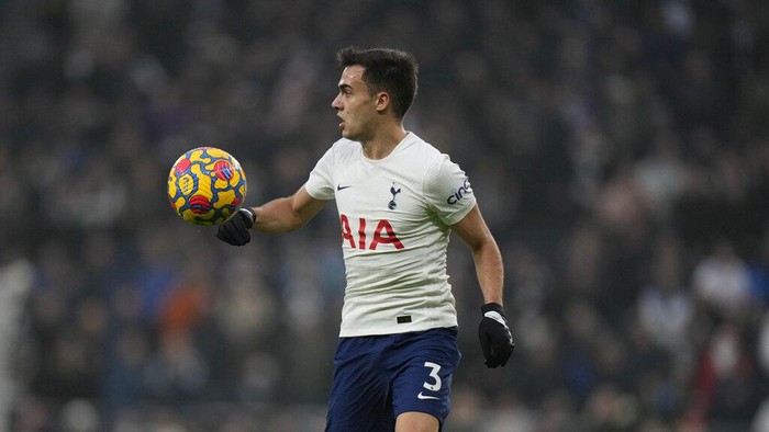 Tottenhams Sergio Reguilon during the English Premier League soccer match between Tottenham Hotspur and Crystal Palace at White Hart Lane London, Sunday, Dec. 26, 2021. (AP Photo/Alastair Grant)
