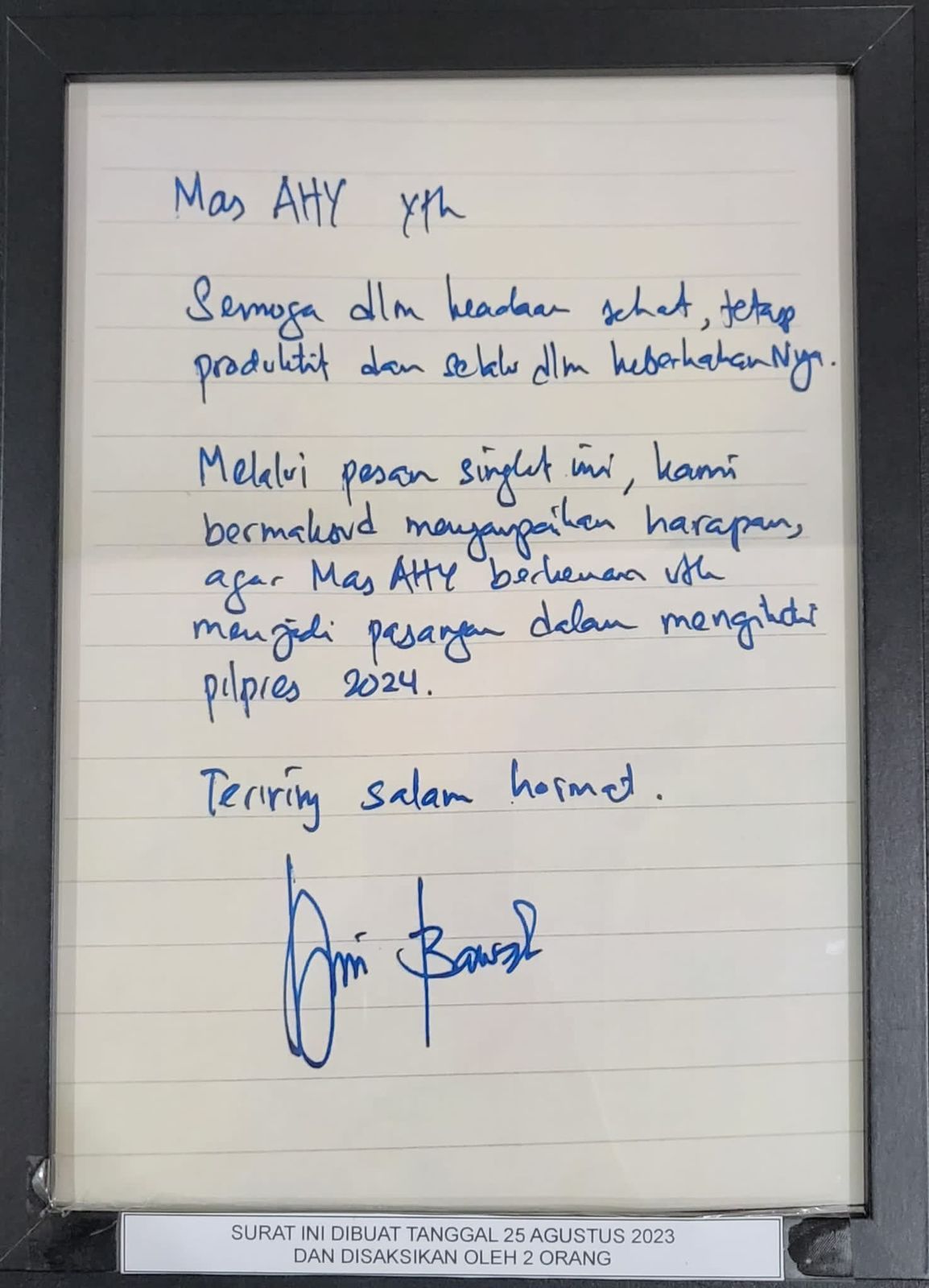 Sepucuk surat dari Anies Baswedan untuk AHY. arsip istimewa