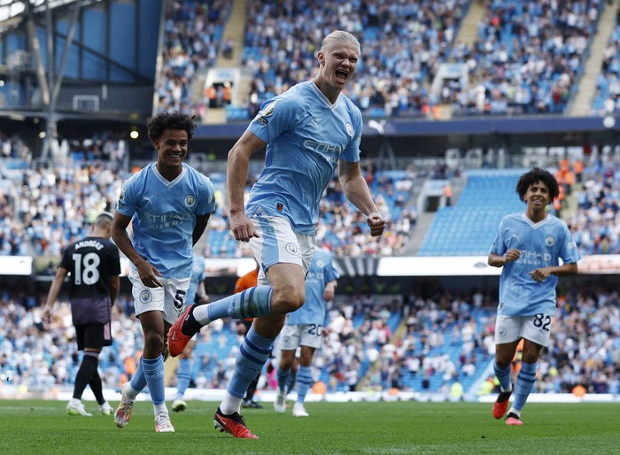 Erling Haaland Soccer Football - Premier League - Manchester City v Fulham - Etihad Stadium, Manchester, Britain - September 2, 2023 Manchester City's Erling Braut Haaland celebrates scoring their fifth goal and his hat-trick Action Images via Reuters/Jason Cairnduff EDITORIAL USE ONLY. No use with unauthorized audio, video, data, fixture lists, club/league logos or 'live' services. Online in-match use limited to 75 images, no video emulation. No use in betting, games or single club /league/player publications. Please contact your account representative for further details.