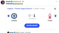 Kekalahan dari Forest mungkin gara-gara fans Chelsea kena karma karena sempat meledek Nottingham Forest, ya? (Foto: Twitter @utdsnook)