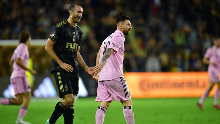 Sep 3, 2023; Los Angeles, California, USA; Inter Miami forward Lionel Messi (10) speaks with Los Angeles FC defender Giorgio Chiellini (14) during the second half at BMO Stadium. Mandatory Credit: Gary A. Vasquez-USA TODAY Sports