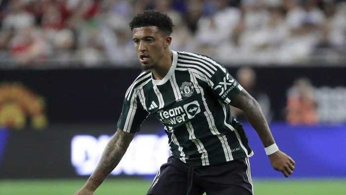 Manchester United forward Jadon Sancho plays against Real Madrid during their Champions Tour friendly match Wednesday, July 26, 2023, in Houston. (AP Photo/Michael Wyke)