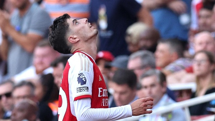 Soccer Football - Premier League - Arsenal v Manchester United - Emirates Stadium, London, Britain - September 3, 2023  Arsenals Kai Havertz reacts after being substituted REUTERS/David Klein EDITORIAL USE ONLY. No use with unauthorized audio, video, data, fixture lists, club/league logos or live services. Online in-match use limited to 75 images, no video emulation. No use in betting, games or single club /league/player publications.  Please contact your account representative for further details.