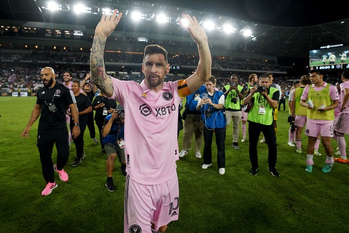 Sep 3, 2023; Los Angeles, California, USA; Inter Miami CF forward Lionel Messi (10) looks to fans after the game against the Los Angeles FC at BMO Stadium. Mandatory Credit: Kirby Lee-USA TODAY Sports