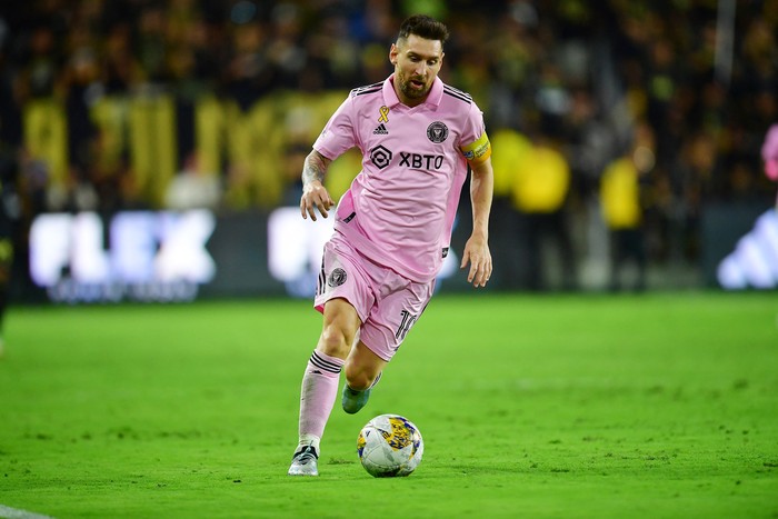 Sep 3, 2023; Los Angeles, California, USA; Inter Miami forward Lionel Messi (10) moves the ball against Los Angeles FC during the second half at BMO Stadium. Mandatory Credit: Gary A. Vasquez-USA TODAY Sports