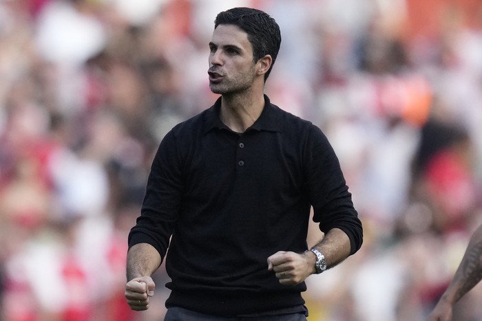 Arsenals manager Mikel Arteta celebrates after their win in the English Premier League soccer match against Manchester United at Emirates stadium in London, Sunday, Sept. 3, 2023. (AP Photo/Kirsty Wigglesworth)