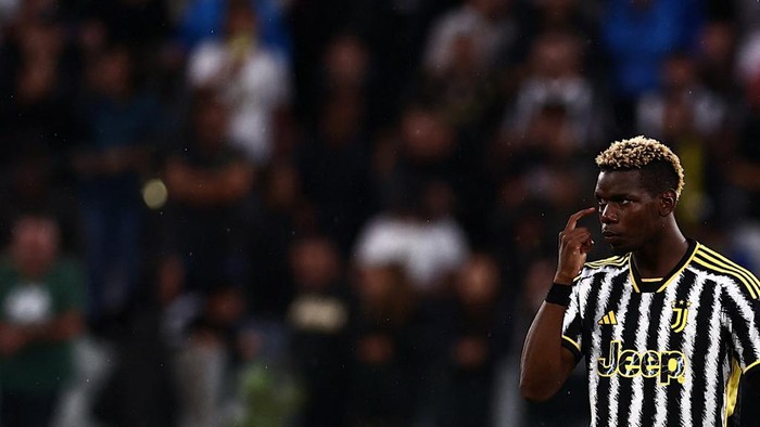 Paul Pogba Juventus French midfielder Paul Pogba gestures during the Italian Serie A football match Juventus vs Bologna on August 27, 2023 at the Allianz Stadium in Turin. (Photo by MARCO BERTORELLO / AFP)