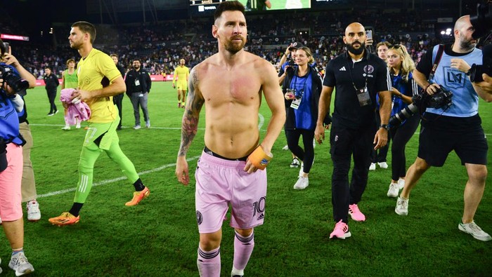 Sep 3, 2023; Los Angeles, California, USA; Inter Miami forward Lionel Messi (10) following the victory against Los Angeles FC at BMO Stadium. Mandatory Credit: Gary A. Vasquez-USA TODAY Sports