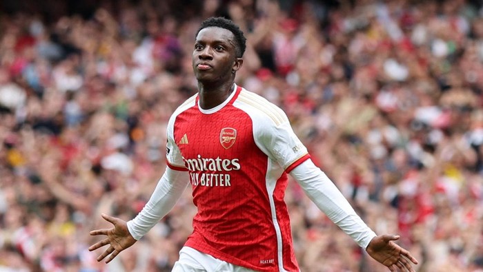Soccer Football - Premier League - Arsenal v Nottingham Forest - Emirates Stadium, London, Britain - August 12, 2023 Arsenals Eddie Nketiah celebrates scoring their first goal REUTERS/David Klein EDITORIAL USE ONLY. No use with unauthorized audio, video, data, fixture lists, club/league logos or live services. Online in-match use limited to 75 images, no video emulation. No use in betting, games or single club /league/player publications.  Please contact your account representative for further details.