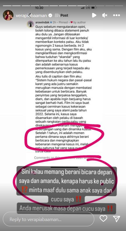 Ibunda Amanda Zahra Vera Noor Baaman berkomentar soal pengakuan Arawinda Kirana