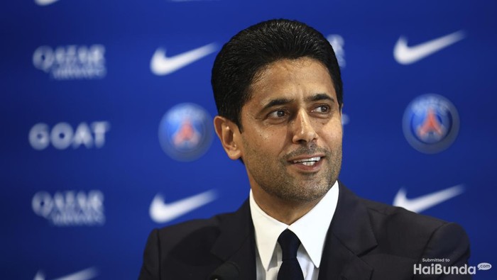 PSG president Nasser Al-Khelaifi speaks during a press conference at the new Paris-Saint-Germain training ground Wednesday, July 5, 2023 in Poissy, west of Paris. Paris Saint-Germain fired coach Christophe Galtier after a disappointing season on and replaced him with former Spain and Barcelona manager Luis Enrique. (AP Photo/Aurelien Morissard)
