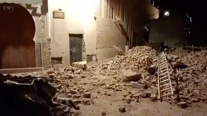 View of debris in the aftermath of an earthquake in Marrakech, Morocco September 9, 2023 in this screen grab from a social media video in this picture. Al Maghribi Al Youm/via REUTERS  THIS IMAGE HAS BEEN SUPPLIED BY A THIRD PARTY. MANDATORY CREDIT. NO RESALES. NO ARCHIVES.