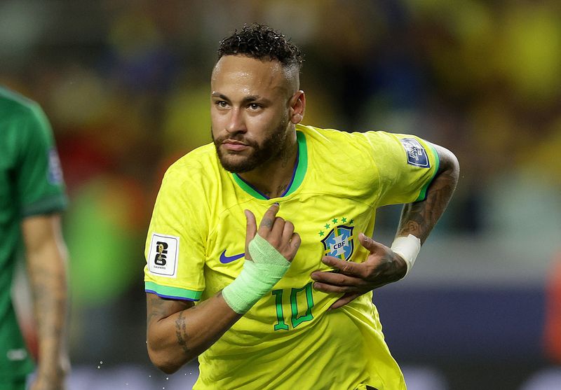Soccer Football - World Cup - South American Qualifiers - Brazil v Bolivia - Estadio Mangueirao, Belem, Brazil - September 8, 2023 Brazil's Neymar celebrates scoring their fourth goal REUTERS/Ricardo Moraes