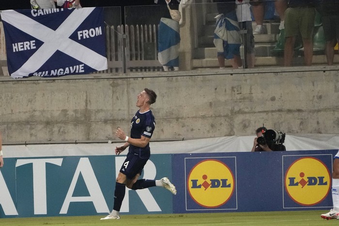 Scotlands Scott McTominay celebrates after scoring against Cyprus during the Euro 2024 group A qualifying soccer match between Cyprus and Scotland at AEK arena stadium in Larnaca, Cyprus, Friday, Sept. 8, 2023. (AP Photo/Petros Karadjias)