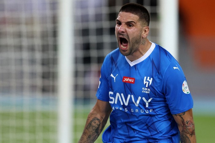 Hilal's Serbian forward #09 Aleksandar Mitrovic reacts after a goal during the Saudi Pro League football match between Al-Ittihad and Al-Hilal at Prince Abdullah al-Faisal Stadium in Jeddah on September 1, 2023. (Photo by AFP)