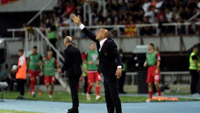 Italys head coach Luciano Spalletti reacts during the UEFA Euro 2024 group C qualification football match between North Macedonia and Italy, in Skopje, on September 9, 2023. (Photo by Robert ATANASOVSKI / AFP)