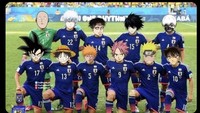 Berani-beraninya Jerman menghadapi kesebelasan Jepang yang diperkuat tokoh-tokoh sakti dari serial seperti Dragon Ball Z, One Punch Man, hingga Naruto dan Detektif Conan! Foto: dok. Internet/X (Twitter)