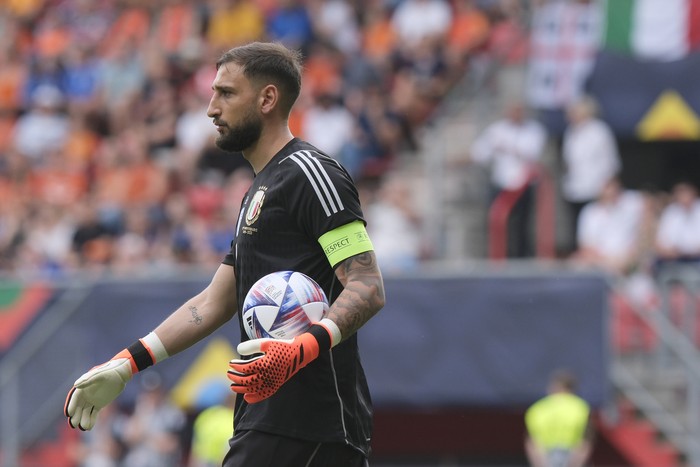Italy goalkeeper Gianluigi Donnarumma during the Nations League third place soccer match between the Netherlands and Italy at De Grolsch Veste stadium in Enschede, Netherlands, Sunday, June 18, 2023. (AP Photo/Patrick Post)