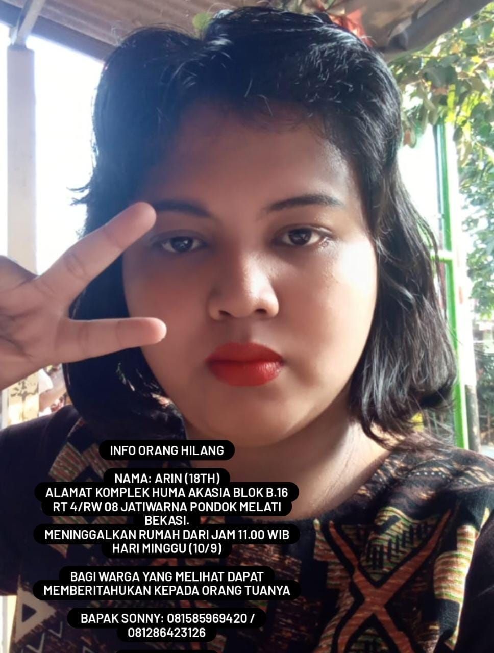 Arin (18) gadis asal Pondok Melati, Bekasi, menghilang usai izin ke warung