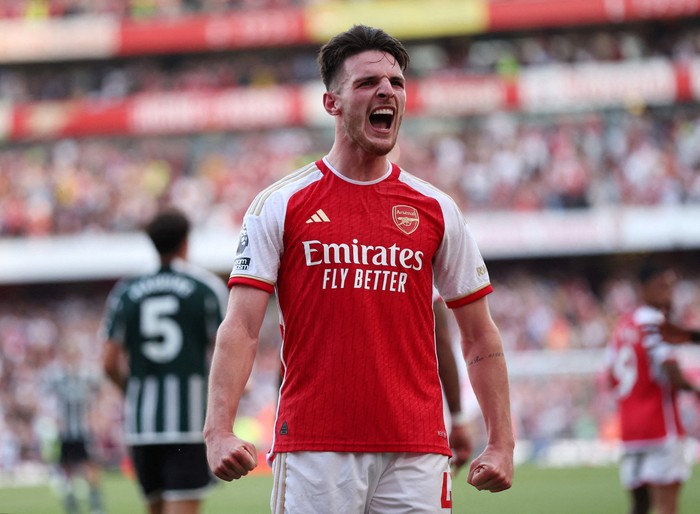 Declan Rice Soccer Football - Premier League - Arsenal v Manchester United - Emirates Stadium, London, Britain - September 3, 2023 Arsenal's Declan Rice celebrates scoring their second goal REUTERS/David Klein EDITORIAL USE ONLY. No use with unauthorized audio, video, data, fixture lists, club/league logos or 'live' services. Online in-match use limited to 75 images, no video emulation. No use in betting, games or single club /league/player publications. Please contact your account representative for further details. TPX IMAGES OF THE DAY