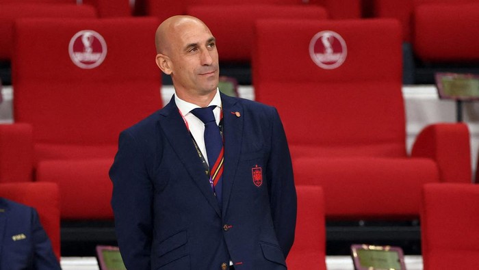 FILE PHOTO: Soccer Football - FIFA World Cup Qatar 2022 - Group E - Japan v Spain - Khalifa International Stadium, Doha, Qatar - December 1, 2022  President of the Royal Spanish Football Federation Luis Rubiales in the stands before the match REUTERS/Kim Hong-Ji/File Photo