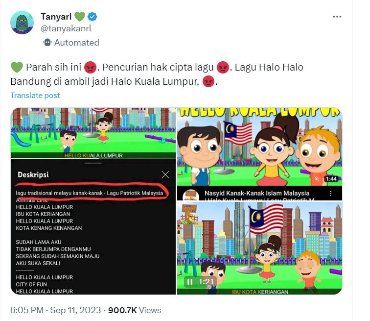 Tangkapan layar threads lagu Helo Kuala Lumpur yang diduga jiplak lagu Halo-halo Bandung.