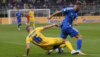 Laga Italia vs Ukraina di kualifikasii Euro 2024 digelar di Giuseppe Meazza, Rabu (13/9) dini hari WIB. Ketiga gol pada pertandingan ini semuanya tercipta di babak pertama. AP/Antonio Calanni  
