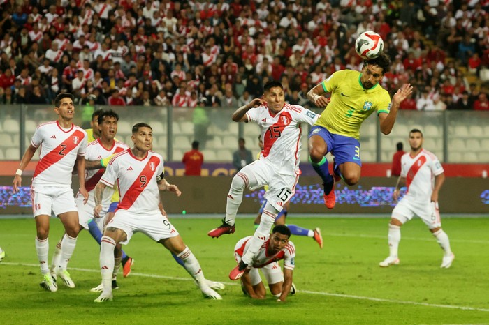Soccer Football - World Cup - South American Qualifiers - Peru v Brazil - Estadio Nacional, Lima, Peru - September 12, 2023 Brazils Marquinhos scores their first goal REUTERS/Sebastian Castaneda