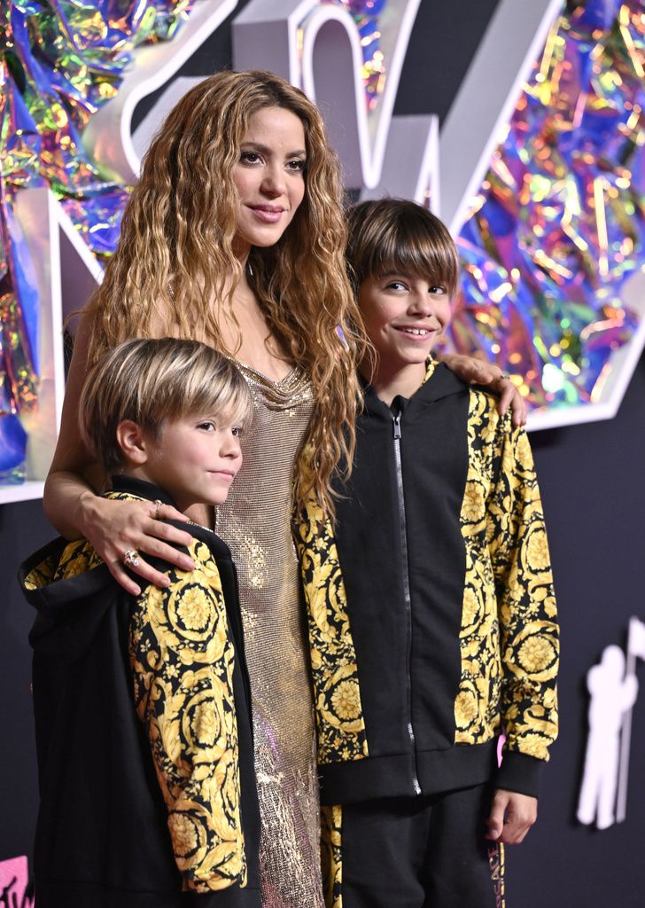 Sasha Pique Mebarak, from left, Shakira, and Milan Pique Mebarak arrive at the MTV Video Music Awards on Tuesday, Sept. 12, 2023, at the Prudential Center in Newark, N.J. (Photo by Evan Agostini/Invision/AP)
