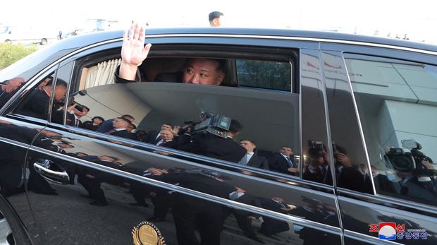 North Korean leader Kim Jong Un waves from a car as he meets with Russia's President Vladimir Putin, in Russia, September 13, 2023 in this image released by North Korea's Korean Central News Agency.   KCNA via REUTERS    ATTENTION EDITORS - THIS IMAGE WAS PROVIDED BY A THIRD PARTY. REUTERS IS UNABLE TO INDEPENDENTLY VERIFY THIS IMAGE. NO THIRD PARTY SALES. SOUTH KOREA OUT. NO COMMERCIAL OR EDITORIAL SALES IN SOUTH KOREA.