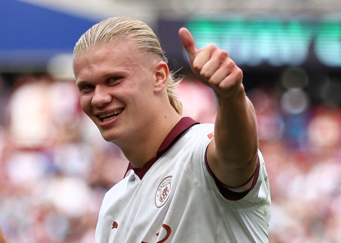 Soccer Football - Premier League - West Ham United v Manchester City - London Stadium, London, Britain - September 16, 2023 Manchester Citys Erling Braut Haaland celebrates scoring their third goal Action Images via Reuters/Andrew Boyers NO USE WITH UNAUTHORIZED AUDIO, VIDEO, DATA, FIXTURE LISTS, CLUB/LEAGUE LOGOS OR LIVE SERVICES. ONLINE IN-MATCH USE LIMITED TO 45 IMAGES, NO VIDEO EMULATION. NO USE IN BETTING, GAMES OR SINGLE CLUB/LEAGUE/PLAYER PUBLICATIONS.
