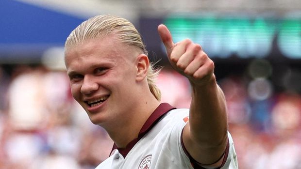Soccer Football - Premier League - West Ham United v Manchester City - London Stadium, London, Britain - September 16, 2023 Manchester City's Erling Braut Haaland celebrates scoring their third goal Action Images via Reuters/Andrew Boyers NO USE WITH UNAUTHORIZED AUDIO, VIDEO, DATA, FIXTURE LISTS, CLUB/LEAGUE LOGOS OR 'LIVE' SERVICES. ONLINE IN-MATCH USE LIMITED TO 45 IMAGES, NO VIDEO EMULATION. NO USE IN BETTING, GAMES OR SINGLE CLUB/LEAGUE/PLAYER PUBLICATIONS.