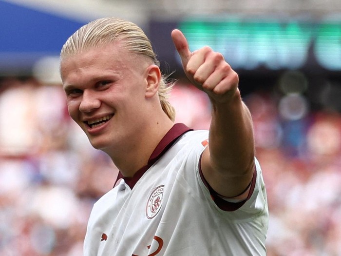 Soccer Football - Premier League - West Ham United v Manchester City - London Stadium, London, Britain - September 16, 2023 Manchester City's Erling Braut Haaland celebrates scoring their third goal Action Images via Reuters/Andrew Boyers NO USE WITH UNAUTHORIZED AUDIO, VIDEO, DATA, FIXTURE LISTS, CLUB/LEAGUE LOGOS OR 'LIVE' SERVICES. ONLINE IN-MATCH USE LIMITED TO 45 IMAGES, NO VIDEO EMULATION. NO USE IN BETTING, GAMES OR SINGLE CLUB/LEAGUE/PLAYER PUBLICATIONS.