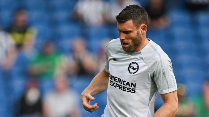 Brightons English midfielder #06 James Milner warms up prior to the English Premier League football match between Brighton and Hove Albion and Newcastle United at the American Express Community Stadium in Brighton, southern England on September 2, 2023. (Photo by Glyn KIRK / AFP) / RESTRICTED TO EDITORIAL USE. No use with unauthorized audio, video, data, fixture lists, club/league logos or live services. Online in-match use limited to 120 images. An additional 40 images may be used in extra time. No video emulation. Social media in-match use limited to 120 images. An additional 40 images may be used in extra time. No use in betting publications, games or single club/league/player publications. /