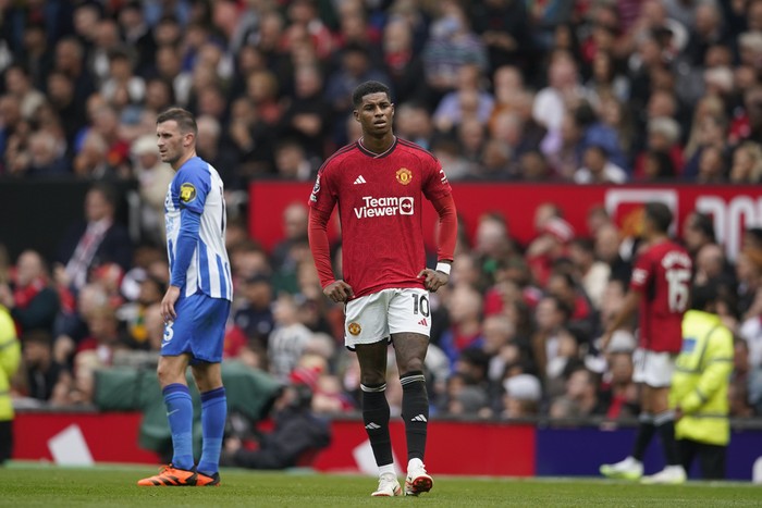 Manchester Uniteds Marcus Rashford walks on the pitch during the English Premier League soccer match between Manchester United and Brighton and Hove Albion at Old Trafford stadium in Manchester, England, Saturday, Sept. 16, 2023. (AP Photo/Dave Thompson)