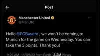 Karena mengawali musim dengan kurang sip, MU diledek sudah menyerah duluan dengan tidak mau datang ke markas Bayern. Foto: dok. Internet/X (Twitter)
