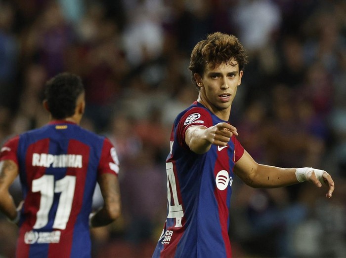 Soccer Football - Champions League - Group H - FC Barcelona v Royal Antwerp - Estadi Olimpic Lluis Companys, Barcelona, Spain - September 19, 2023 FC Barcelona's Joao Felix celebrates scoring their first goal REUTERS/Albert Gea