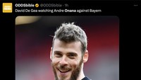 Reaksi David De Gea lihat Andre Onana saat ini. Ketawa dulu gak, sih? (Foto: Twitter @ODDSbible)