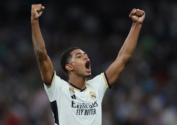 Soccer Football - Champions League - Group C - Real Madrid v 1. FC Union Berlin - Santiago Bernabeu, Madrid, Spain - September 20, 2023  Real Madrid's Jude Bellingham celebrates scoring their first goal REUTERS/Isabel Infantes     TPX IMAGES OF THE DAY