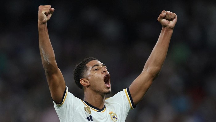 Soccer Football - Champions League - Group C - Real Madrid v 1. FC Union Berlin - Santiago Bernabeu, Madrid, Spain - September 20, 2023  Real Madrids Jude Bellingham celebrates scoring their first goal REUTERS/Isabel Infantes     TPX IMAGES OF THE DAY