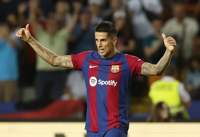 Soccer Football - LaLiga - FC Barcelona v Celta Vigo - Estadi Olimpic Lluis Companys, Barcelona, Spain - September 23, 2023 FC Barcelonas Joao Cancelo celebrates scoring their third goal REUTERS/Albert Gea