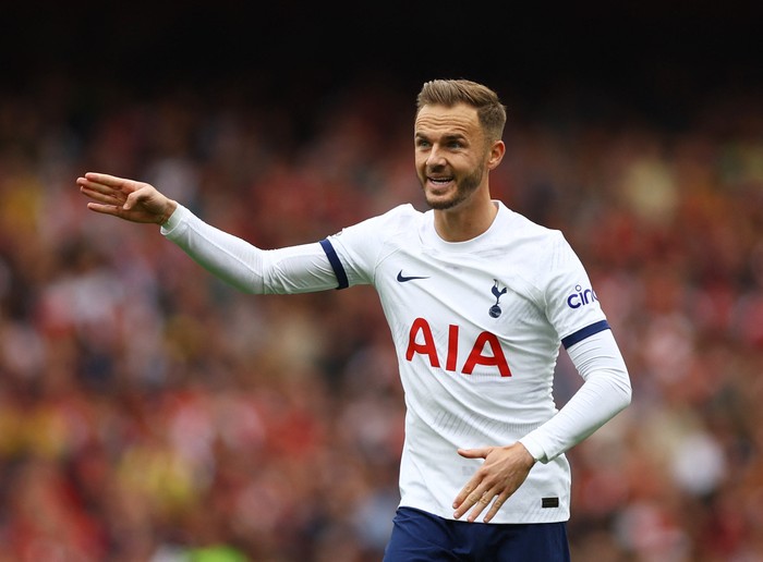 James Maddison Soccer Football - Premier League - Arsenal v Tottenham Hotspur - Emirates Stadium, London, Britain - September 24, 2023 Tottenham Hotspur's James Maddison reacts Action Images via Reuters/Matthew Childs NO USE WITH UNAUTHORIZED AUDIO, VIDEO, DATA, FIXTURE LISTS, CLUB/LEAGUE LOGOS OR 'LIVE' SERVICES. ONLINE IN-MATCH USE LIMITED TO 45 IMAGES, NO VIDEO EMULATION. NO USE IN BETTING, GAMES OR SINGLE CLUB/LEAGUE/PLAYER PUBLICATIONS.